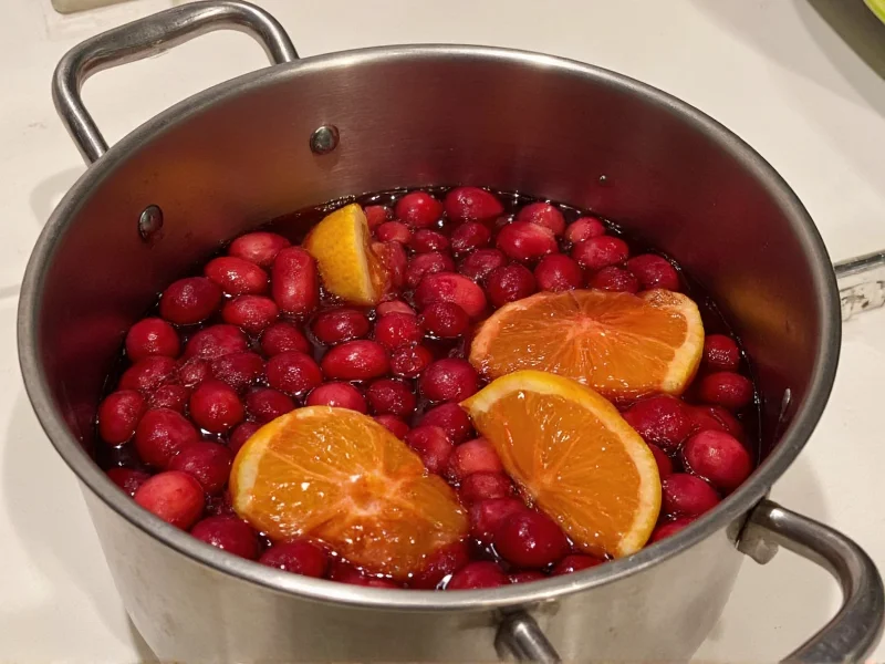 Simmering cranberry sauce with orange slices in stainless pot