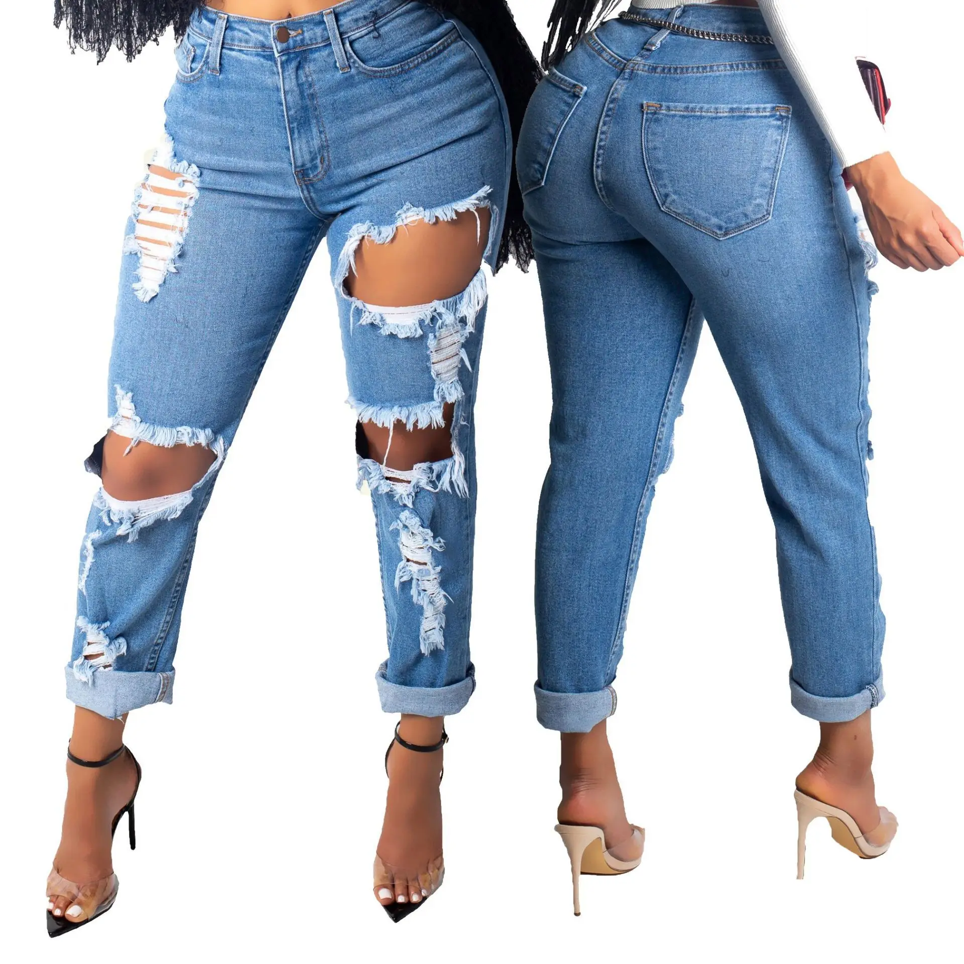 

New style ripped hole slim fit Jeans high waist long stretch denim straight jeans plus size women's jeans