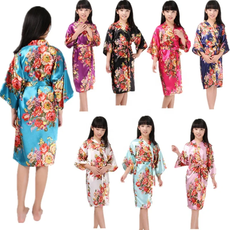 

Wholesale Girls Solid Silk Satin Kimono Robes Kids Children Bathrobe Sleepwear Bath Nightgown for Wedding Spa Party Birthday, As show