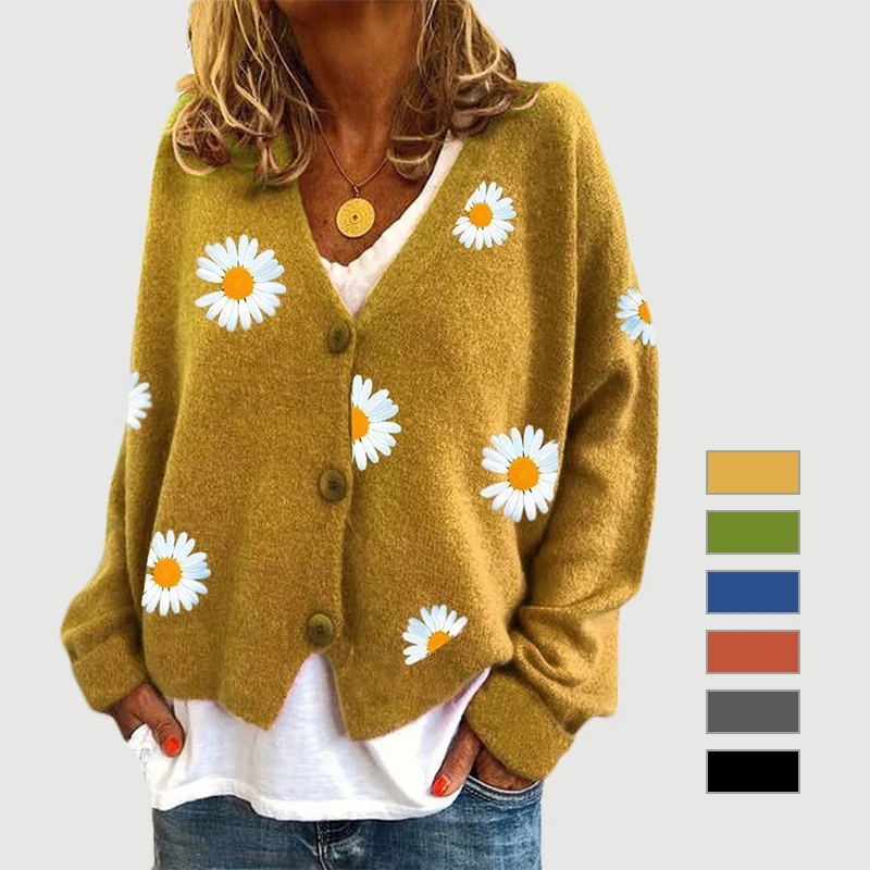 

2021 Fall Winter Custom Flower Printing Women's Knitted Cardigan Sweater Quality V-Neck Knitwear Tops Clothes For Womans, Customized color