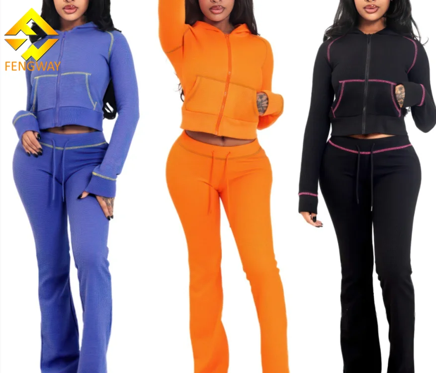 New Fall Waffle Texture Women Clothes Set Hooded Zipper Solid  Long Sleeve Pant Sets Casual 2 Piece Pants Set for Women