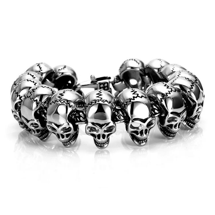 

wholesale luxury rock punk Skull Bracelet Stainless Steel Hiphop Skull Head Bangle Bracelet Men