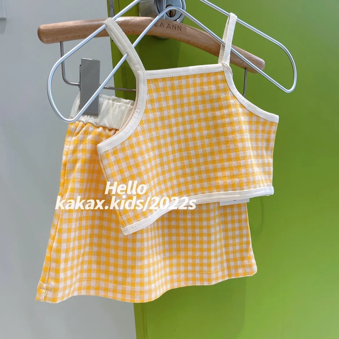 

2022 summer 2 pcs clothing sets infant baby girls crop with skirt toddler kids yellow black plaid casual outfits A22275024