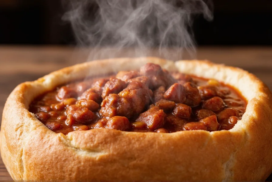 Wendy's chili served in a bread bowl with steam rising, showing the thick texture and visible beef chunks