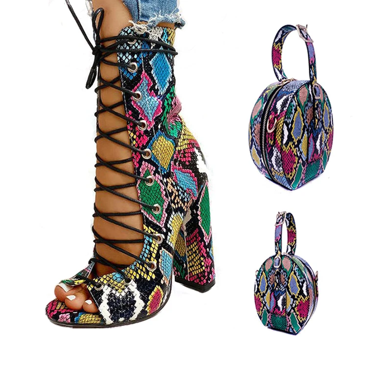 

High quality Women Shoe And Matching bags High Heel Snake Print Sandals Ankle Boot Shoes And Purse Full Set