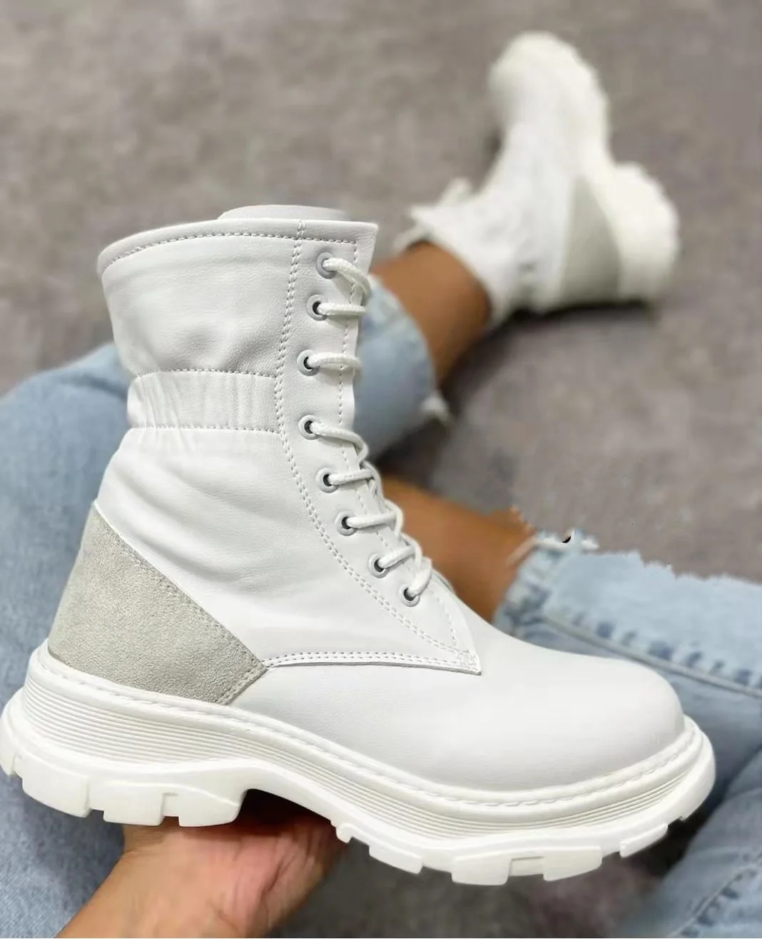 

New Design Women High-heeled Shoe Sexy High Heel Round Toe Thick Sole Women Ankle Boots Front Lace Up Platform Warm Short Bootie, Black white grey