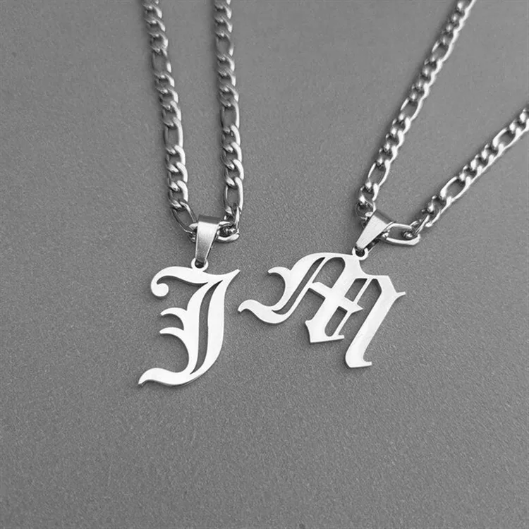 

High Quality 18k Gold Plated Stainless Steel 26 Initial Alphabet A-Z Letter Old English Font Figaro Chain Necklace, Gold,silver color