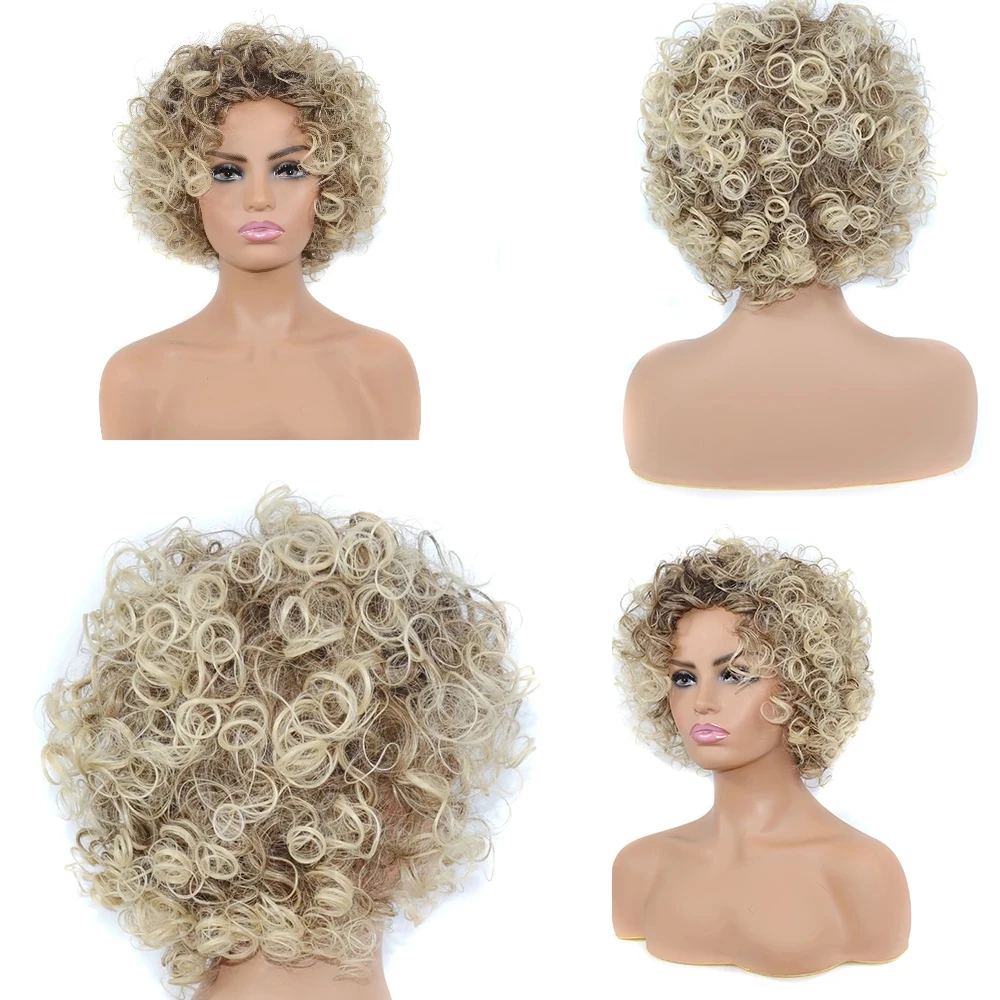 

T27/33 Color 14'' Short Afro Curly Hair Wig With Bangs Heat Resistant Fiber Kinky Curly Synthetic Hair Wigs For American African