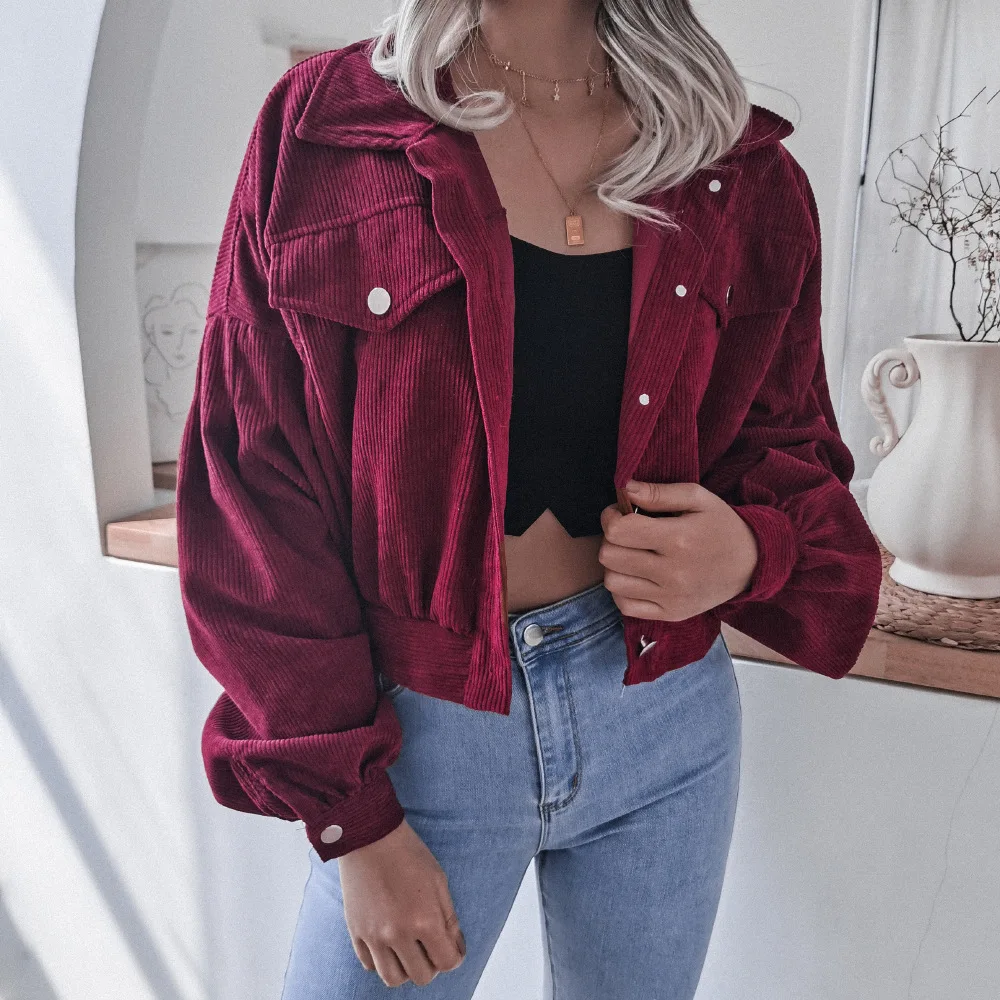 

Z52775D 2021 Best selling European casual loose short jacket women corduroy jacket, Wine red,purple,khaki,blue