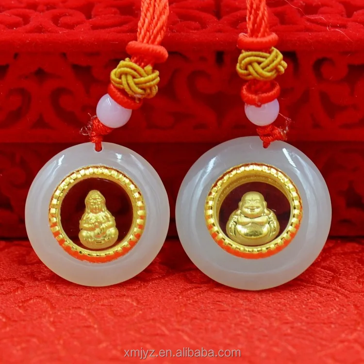 

Certified Gold Inlaid Jade Pendant Hetian Jade Inlaid Gold Guanyin Buddha Couple Men And Women Models Fortune Bag Gifts