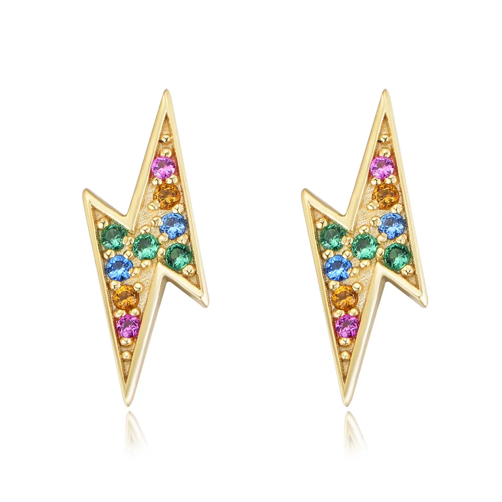 

KE0532 925 silver rainbow cz bolt lightning charm stud earrings with gold plated fashion lovely colorful jewelry girl earrings