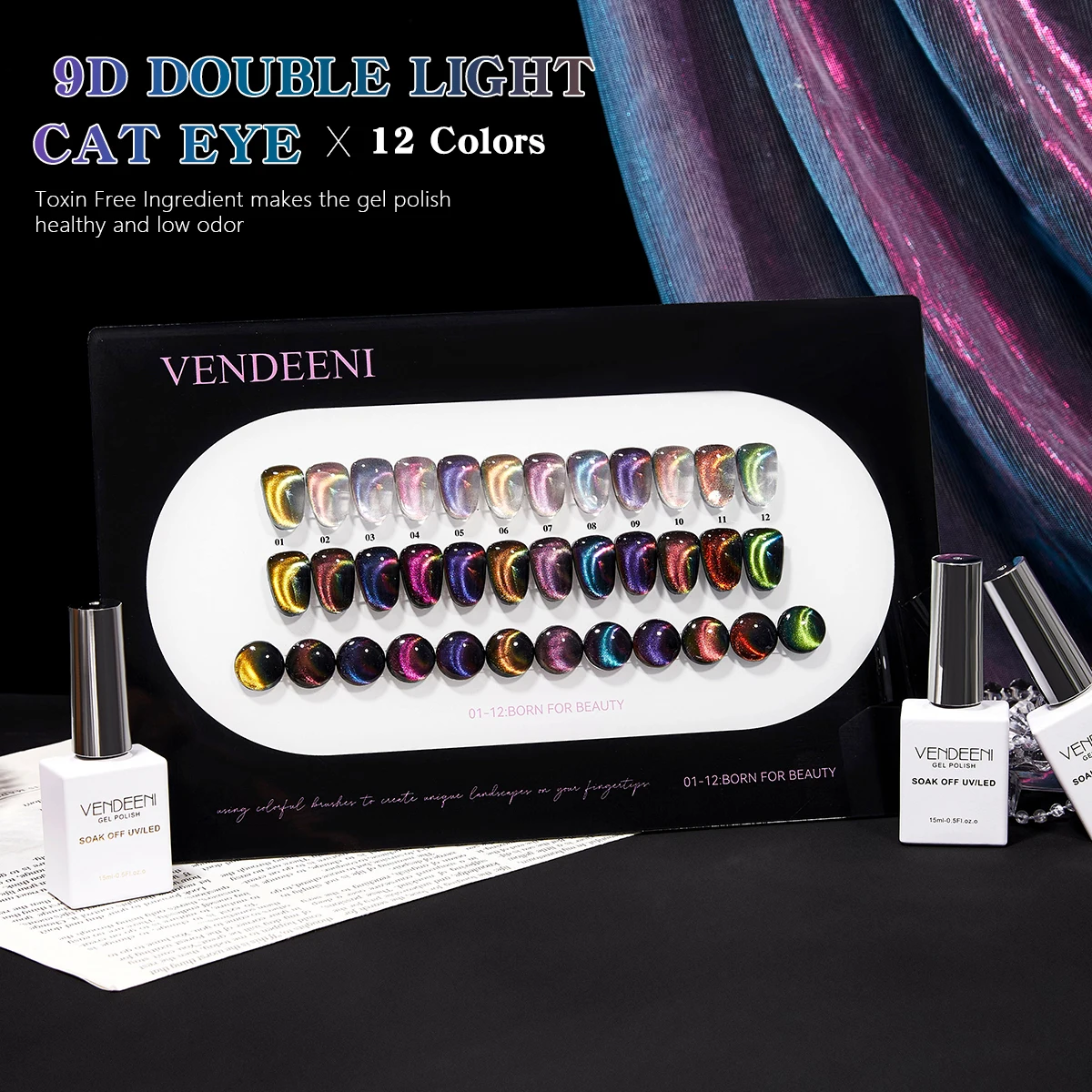 Vendeeni Custom Logo Nail Salon UV Gel Polish 9D Aurora Mirror Chameleon Cat's Eye 12 Colors 15ml Glass Beads Cat Eye Gel