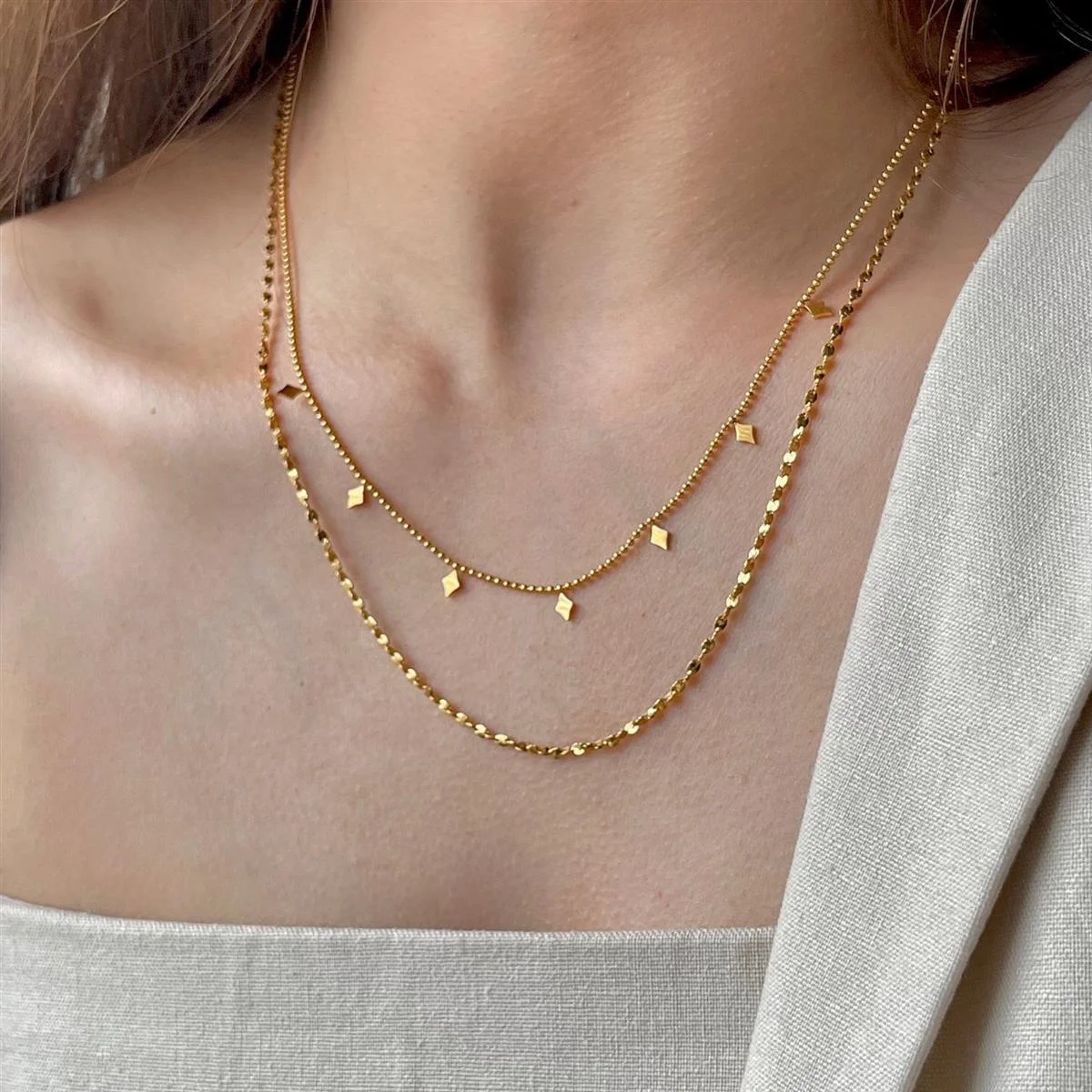 Fashion Gold Plated Double Layer Necklace Non Tarnish Stainless Steel Jewelry