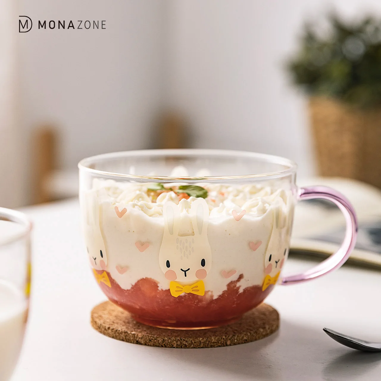 

MONAZONE Rabbit Cherry Bear Pattern With Handle Glass Mug Cute Water Office Home Coffee Mug Breakfast Milk Cup Drinkware