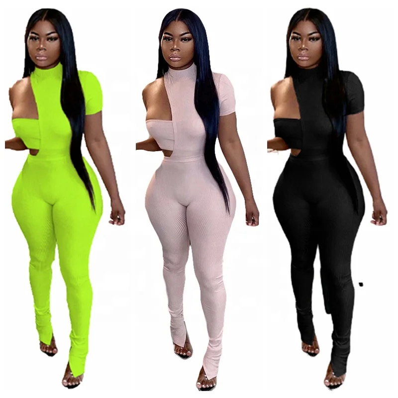 

One Shoulder Ribbed Summer Jumpsuit 2021 For Women Sexy, Yellow, black, pink,