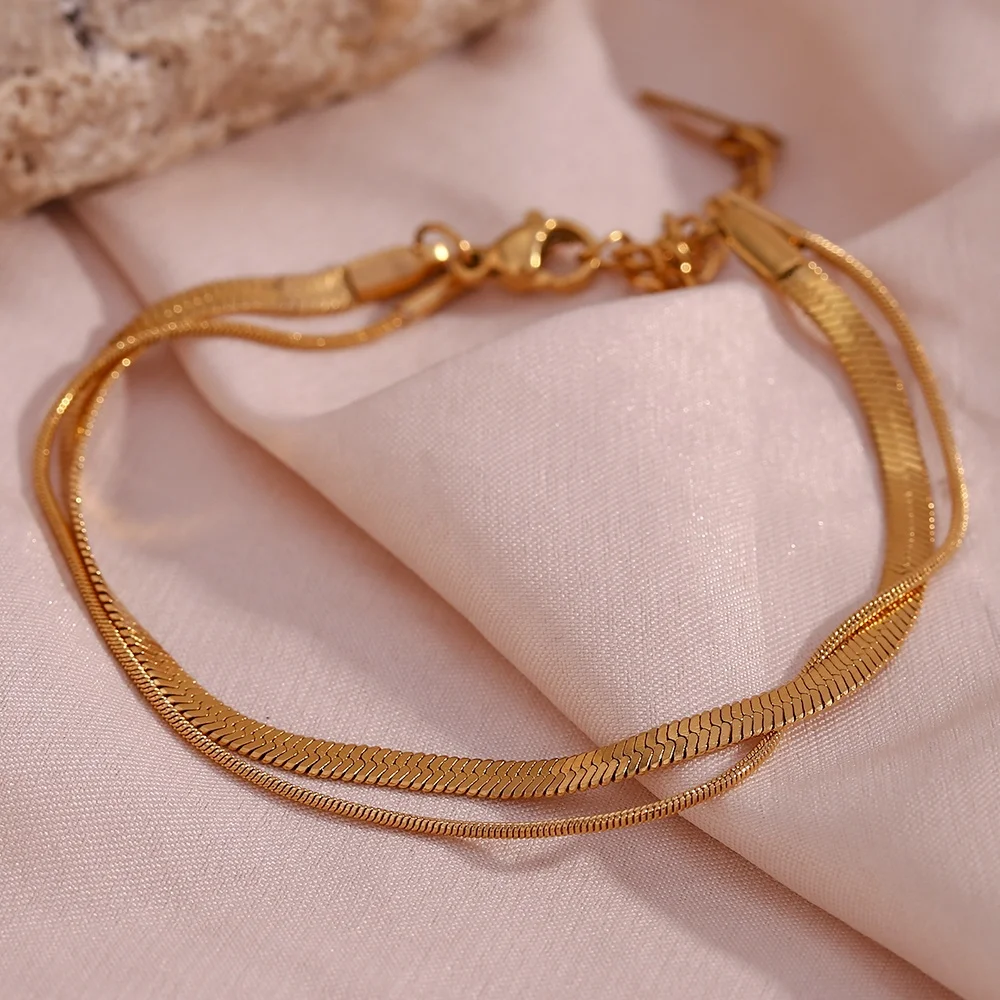 

Anti Tarnish Jewelry Double Layer Snake Chain Bracelet PVD Gold Plated Bracelet En Acier Inoxydable Bracelet Homme