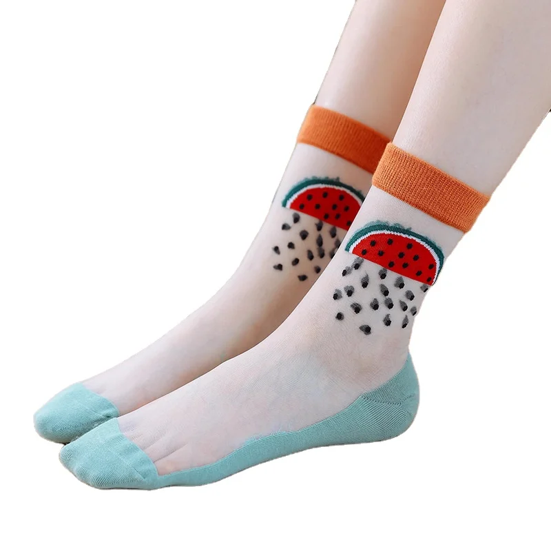

Summer Fancy Fruit colors women girls cartoon mesh crew transparent silk socks