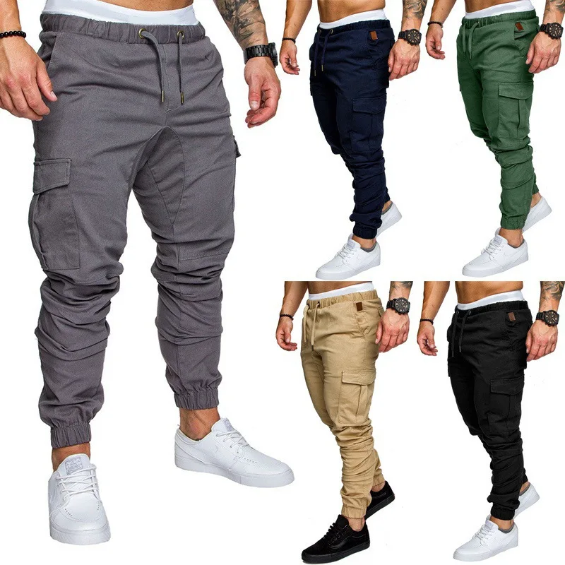

In Stock Camofaulge Cargo Casual Multi Pocket Mens Skinny Trousers, Khaki/gray/green/black/navy/dark gray