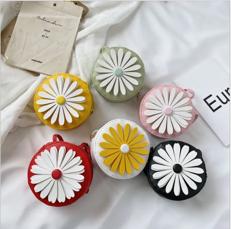 

2020 Fashion Children Girl PU Leather Flower Pattern Round Cross body Handbag, As photos