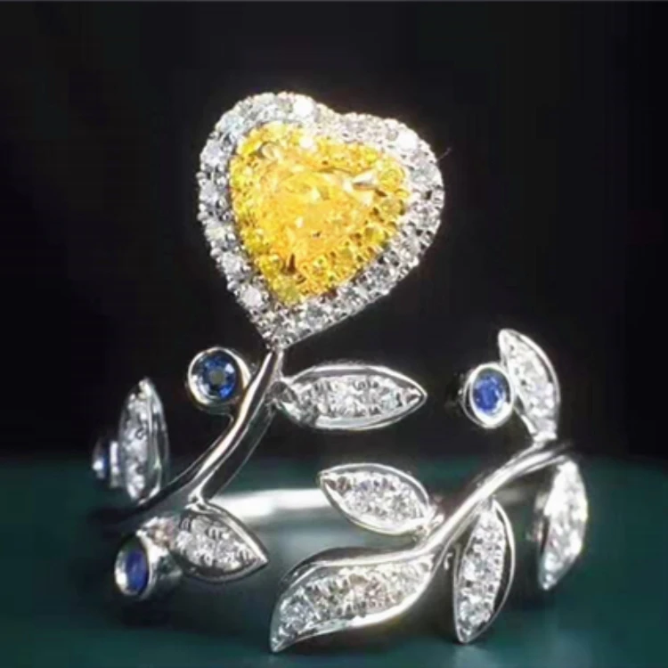 

Wedding Ring Flower Elegant Bridal Jewelry 0.16ct Natural Yellow Diamond Heart Ring 18k Gold