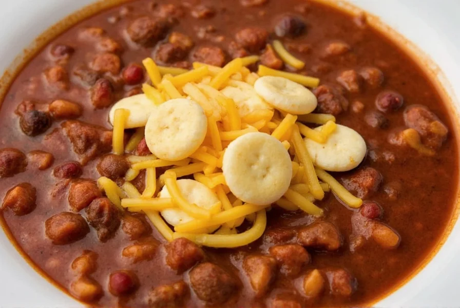 Finished Wendy's style chili in bowl with cheese and oyster crackers on top