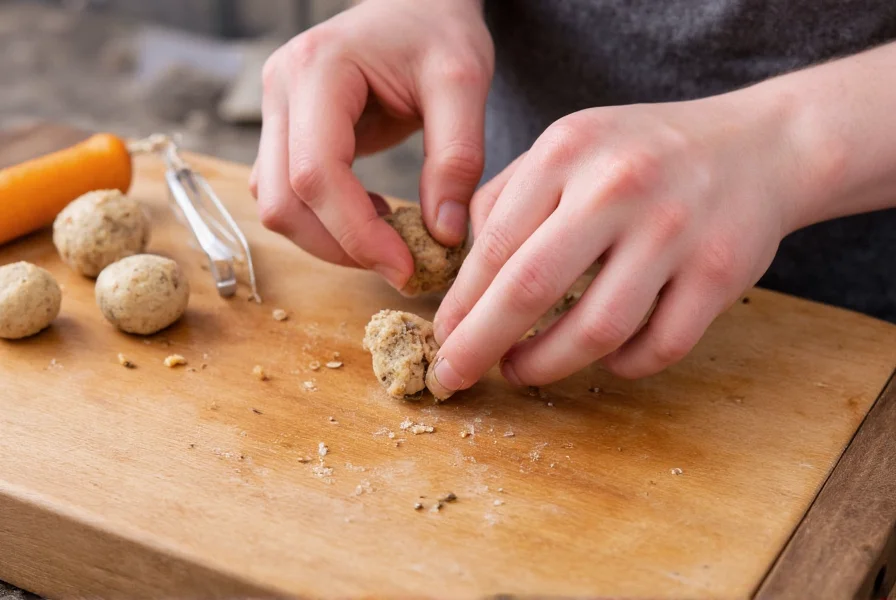 Hands shaping anise cookie dough balls on wooden cutting board with measuring spoons and anise seeds visible