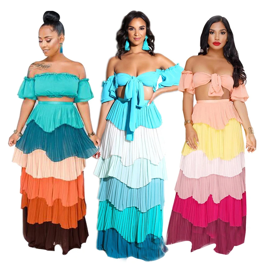 

Women's Two Piece Set Clothing Dress Chiffon Summer Beach Ladies Sexy Dress Pleated Maxi Dress, Nude
