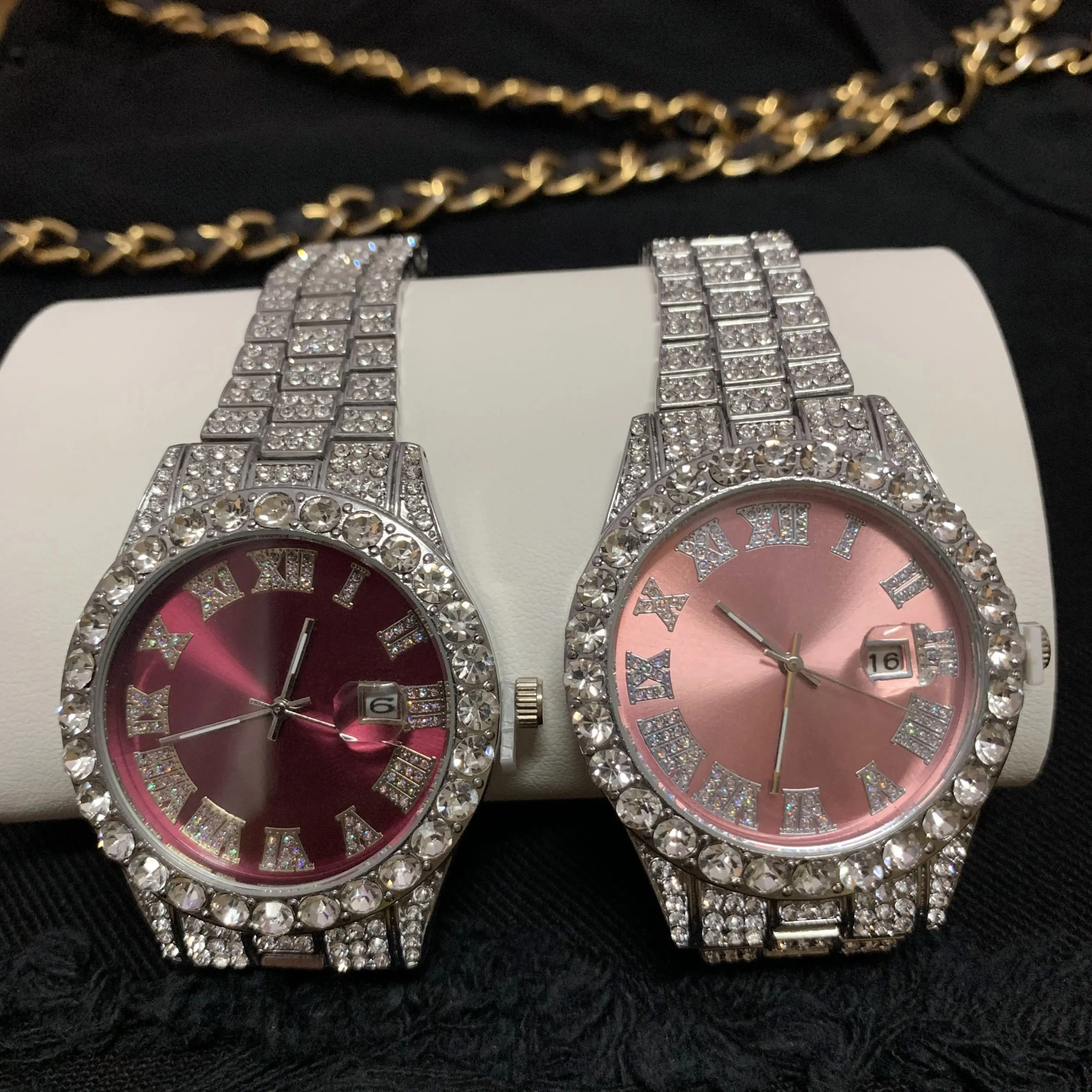 

Factory Bling Purple Dial Silver Plating Hip Hop Bust Down Wrist Watch Shining Diamond Iced Out Baby Pink Women Quartz Watches, Customized colors