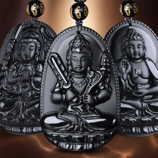 

Hot Selling Pendant Buddha Bodhisattva Amulet Talisman Made of Obsidian Gemstone Buddha Necklace, Black