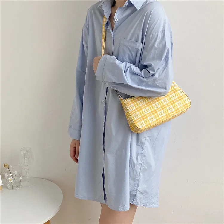 

Korean women 2021 casual plaid small square bag one shoulder bag fashion vintage canvas underarm bags