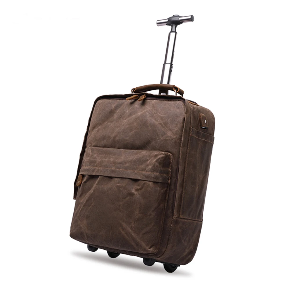 

2023 Custom Men Outdoor Waterproof Travelling Luggage Rolling Duffle Bags Wheels Trolley Waxed Canvas Duffel Bag Suitcase