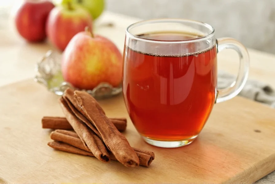 Freshly prepared apple cinnamon tea in a clear glass mug showing apple slices and cinnamon stick