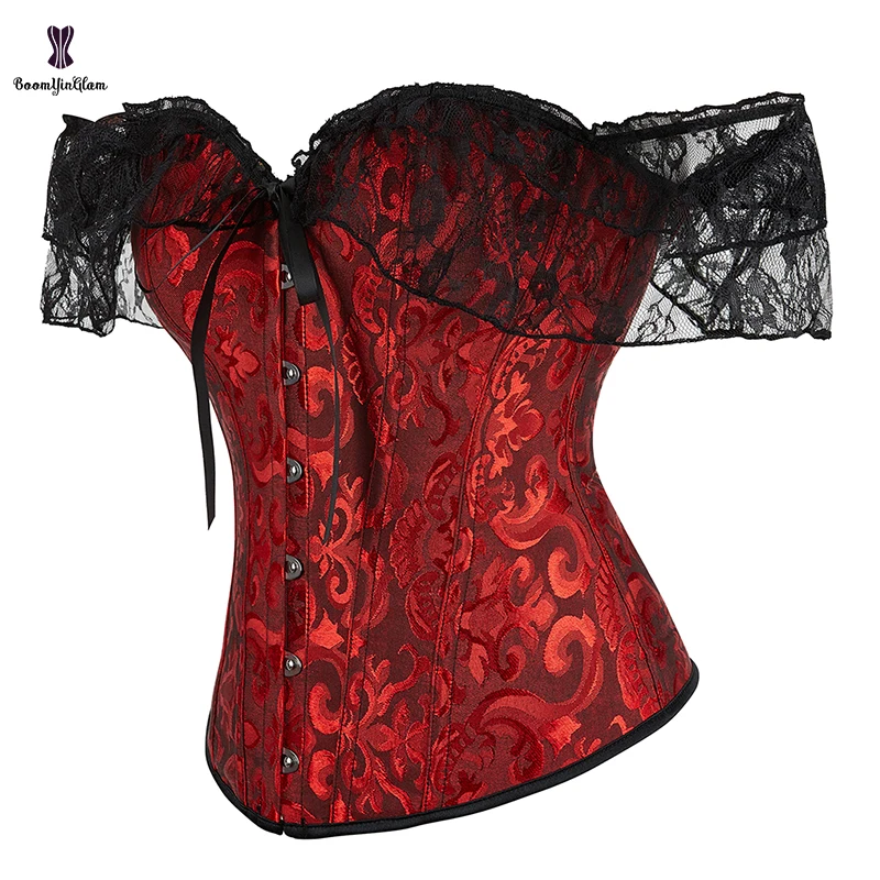 Plus Size Underwear Women S-xxxxxxl 2023 New Design Fashion Victorian Lace Gorset Red With Black Corset Top With Sleeve