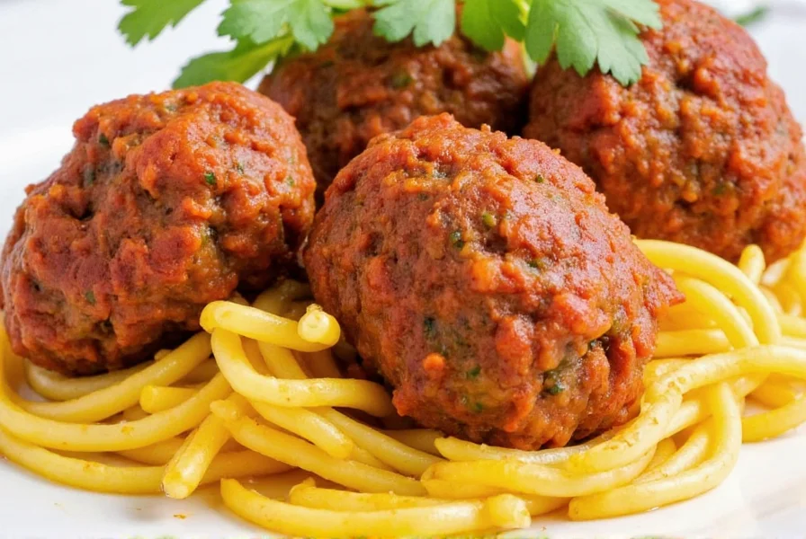 Close-up of Spanish albondigas in sauce