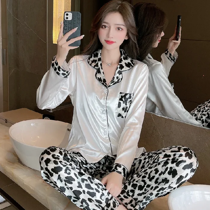 

Girl Pajamas Long Sleeves Trousers Printed Women's Satin Silk Shirt Sleepwear For Unisex Comfort Lounge Wear, Picture shows