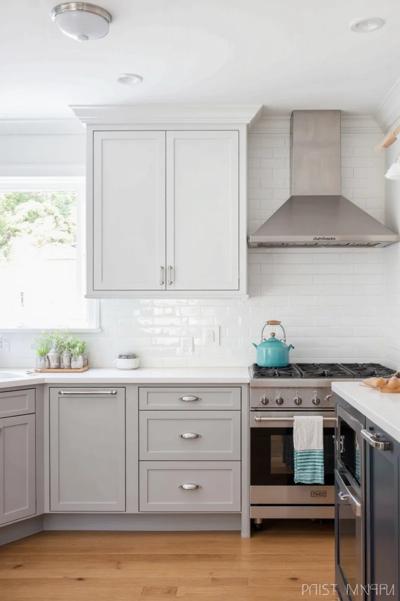 Modern kitchen with white upper and grey lower cabinets