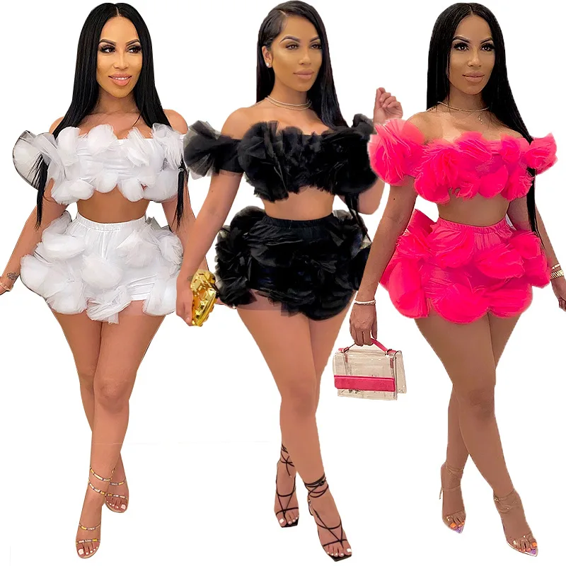 

women's skirts Plus Size 2021 Summer Wholesale Hot Fashion Off-the-shoulder Mesh Floral Strapless shorts Set For Women, Customized color