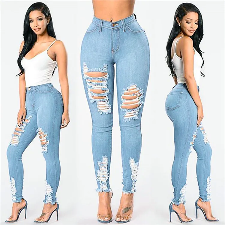 

Fashion Design Spring Women Ealstic Ripped Women Pants Close Fit Denim Pants For Woman, Customized color