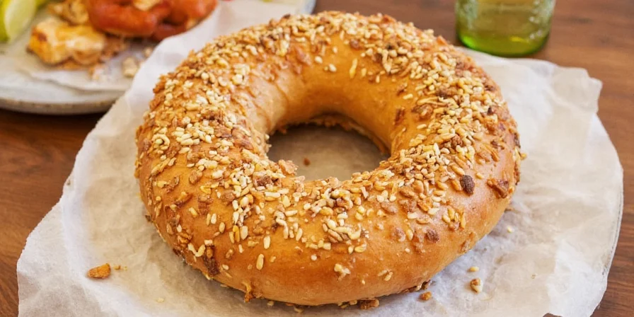 Close-up of an everything bagel with visible spices