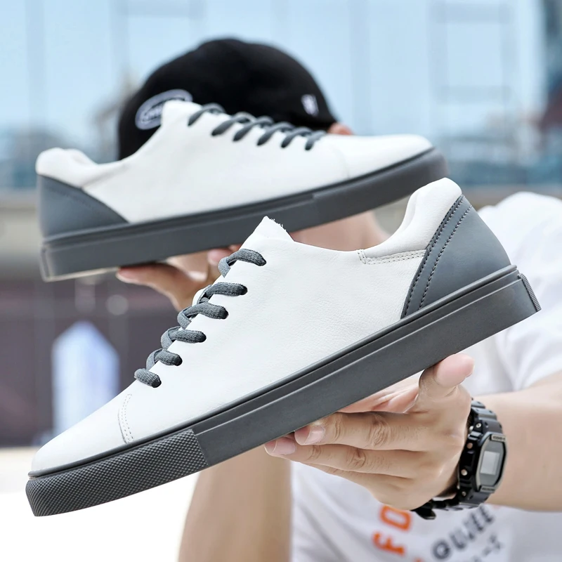 

Hot Sale Men White Leather Shoes High Quality Mens Sneaker Shoes Chaussures Hommes, Beige, gray and black