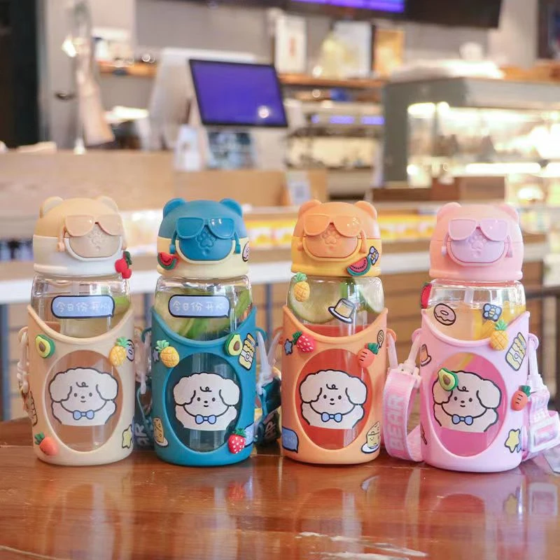 

M45 Kawaii cute student Water Bottle for Girl with Straw Strap Cute Pink Bear Drinking Bottle for School Children Boy Cup