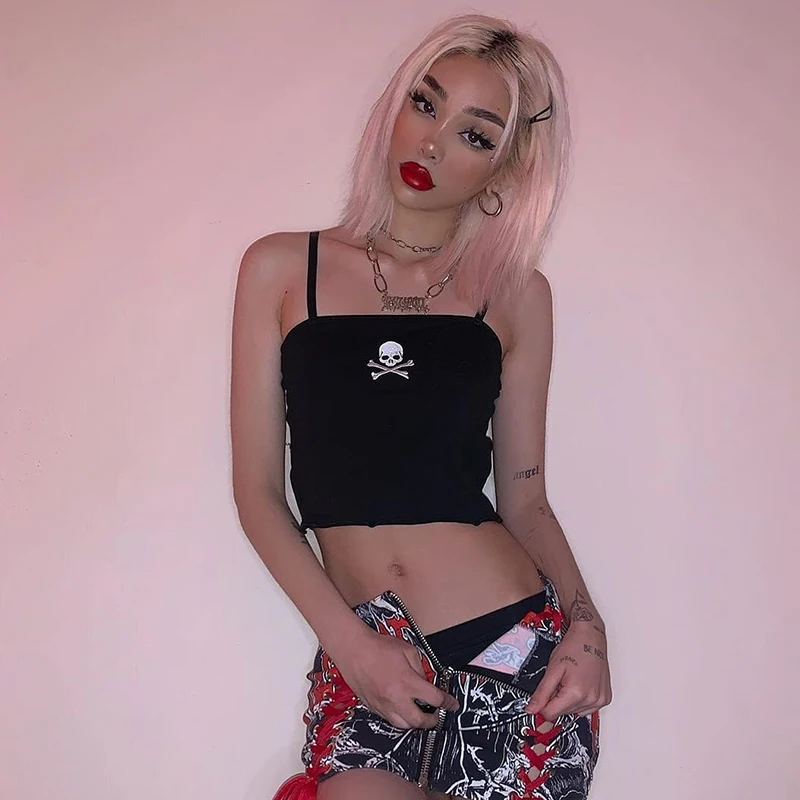 

Nibber T1736585 Black Bodycon Harajuku Gothic Baddie Skull Printed Tank Top Womens Casual Party Camisole Wholesale Customized