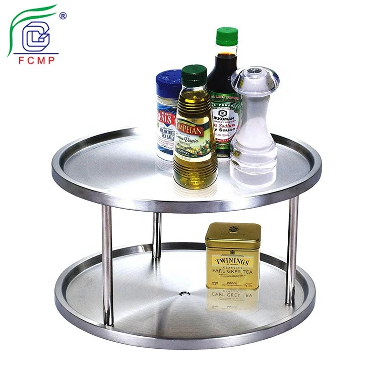 

stainless steel home kitchen 360 degree turntable 2 tier lazy susan rotating food tray for restaurant, Mirror finished/ silver