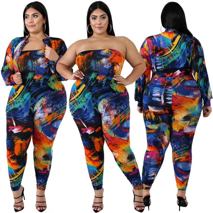 

PSS2116 OEM Accept Custom Plus Size Fashions Printed Coat and Jumpsuits Pant Two Piece Set, As show