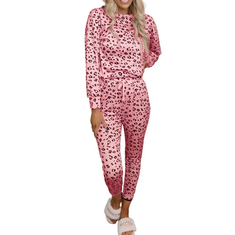 

2021 Leopard Print Long Sleeve Shirt Pants Suit 2pc Set High Quality Women Household Sleepwear Suit Street Style Casual Outfit