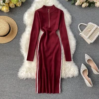 

New fall winter long sleeves striped turtle neck sweater dress women