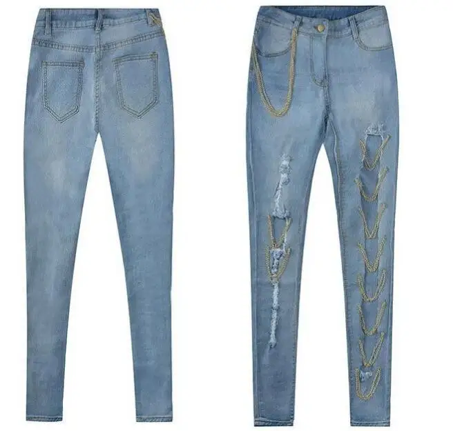 

Women's ripped stretch exaggerated big hole women's chain feet pants jeans