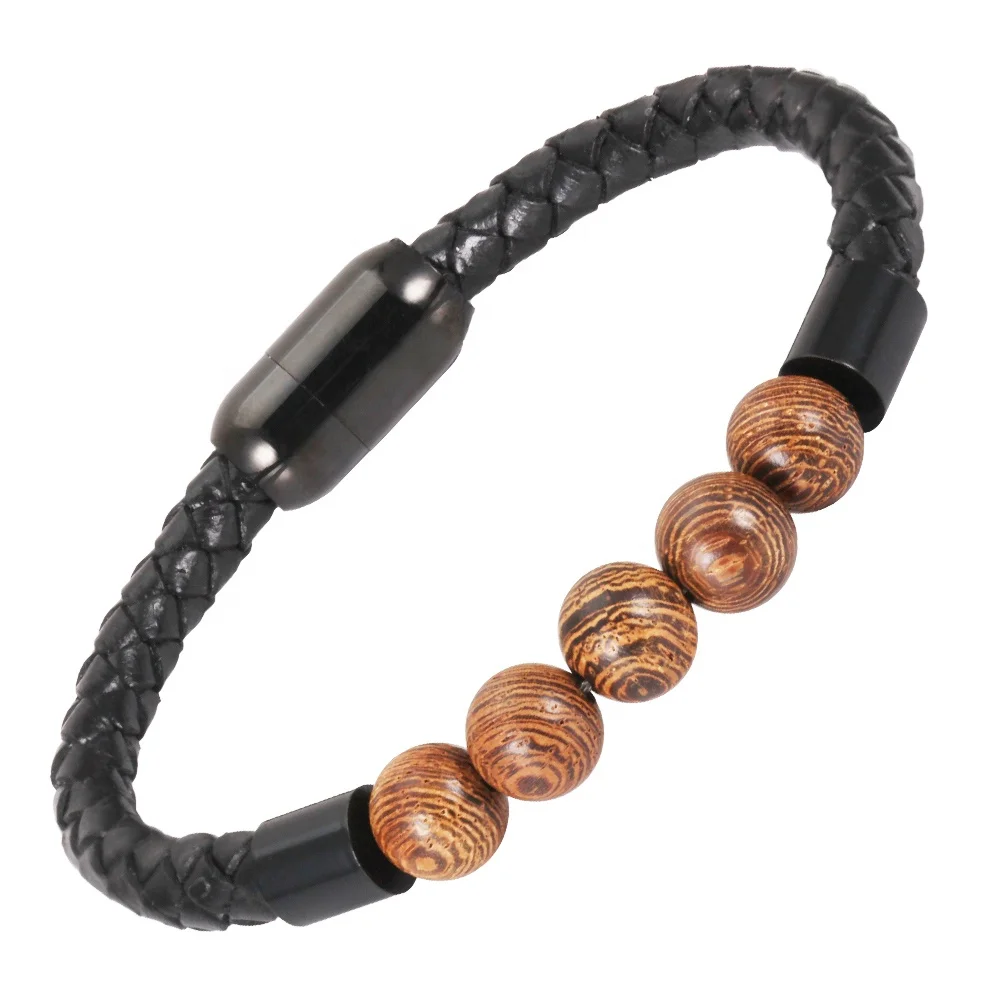 

Inox Wood Stainless Steel Customized Mens Genuine Leather Bracelet