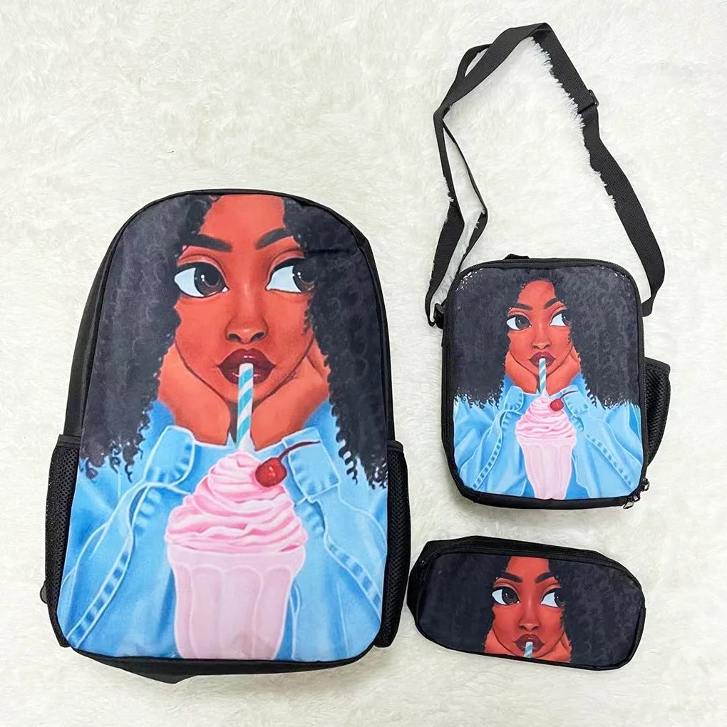 

Black Art Girl Lady Printed Kids Student School Bags 3Pcs Set Backpack Pencil Case Lunch Bag Shoulder Bookbag Mochila Escolares, Customized