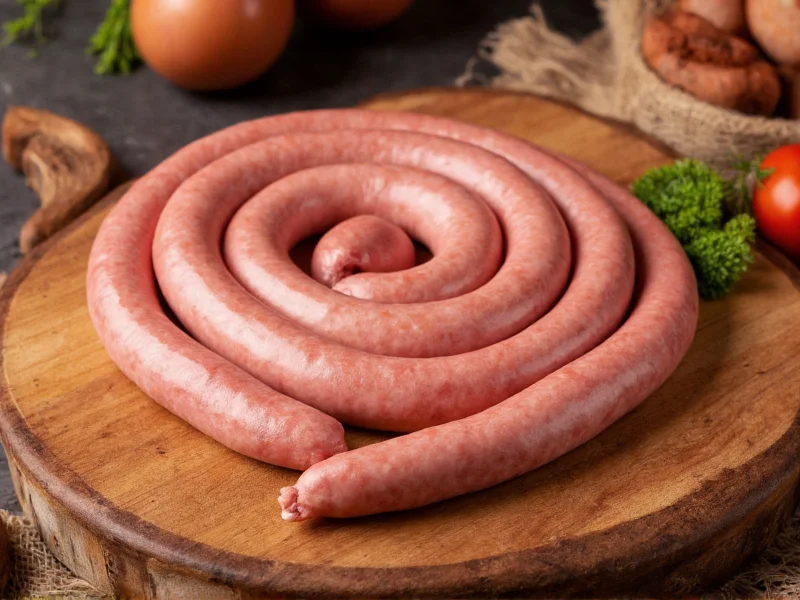 Fresh handmade pork sausages coiled on wooden board